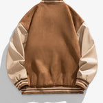 Brown and beige varsity jacket on a white background