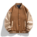 Brown and beige varsity jacket on a white background