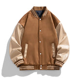 Brown and beige varsity jacket on a white background