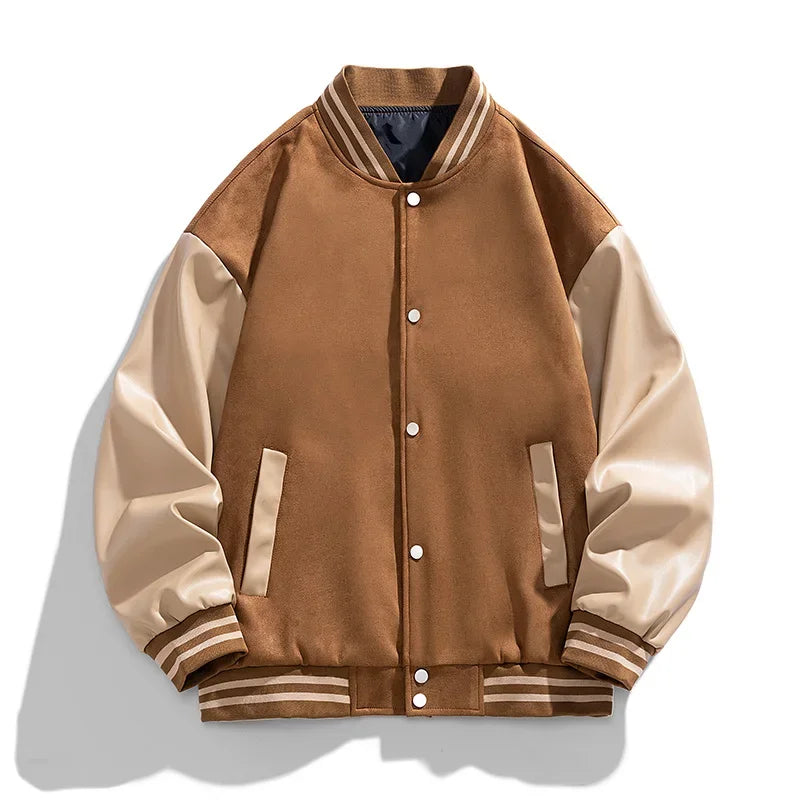 Brown and beige varsity jacket on a white background