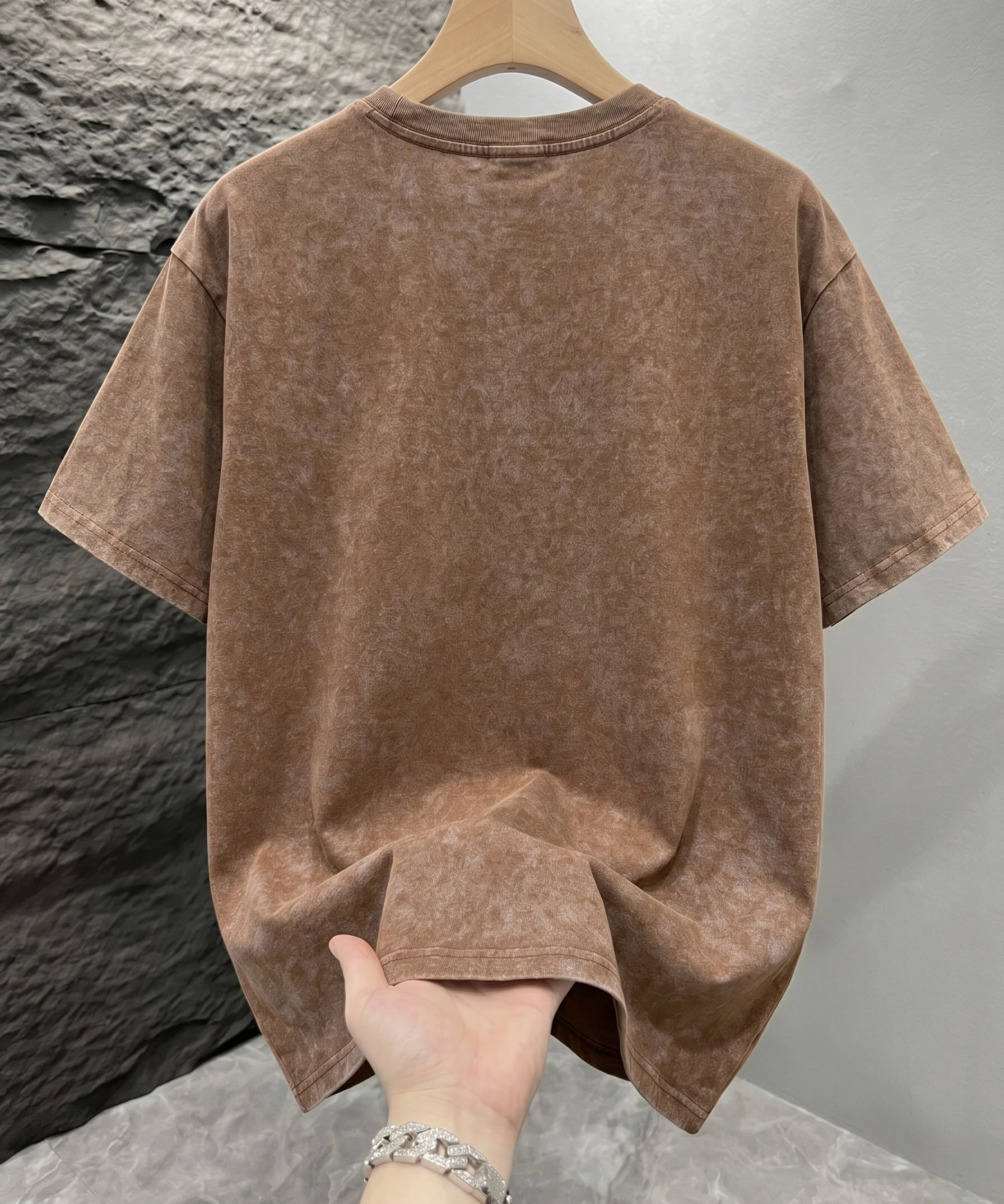 Brown Mineral washed oversized graphic tee worn, back view