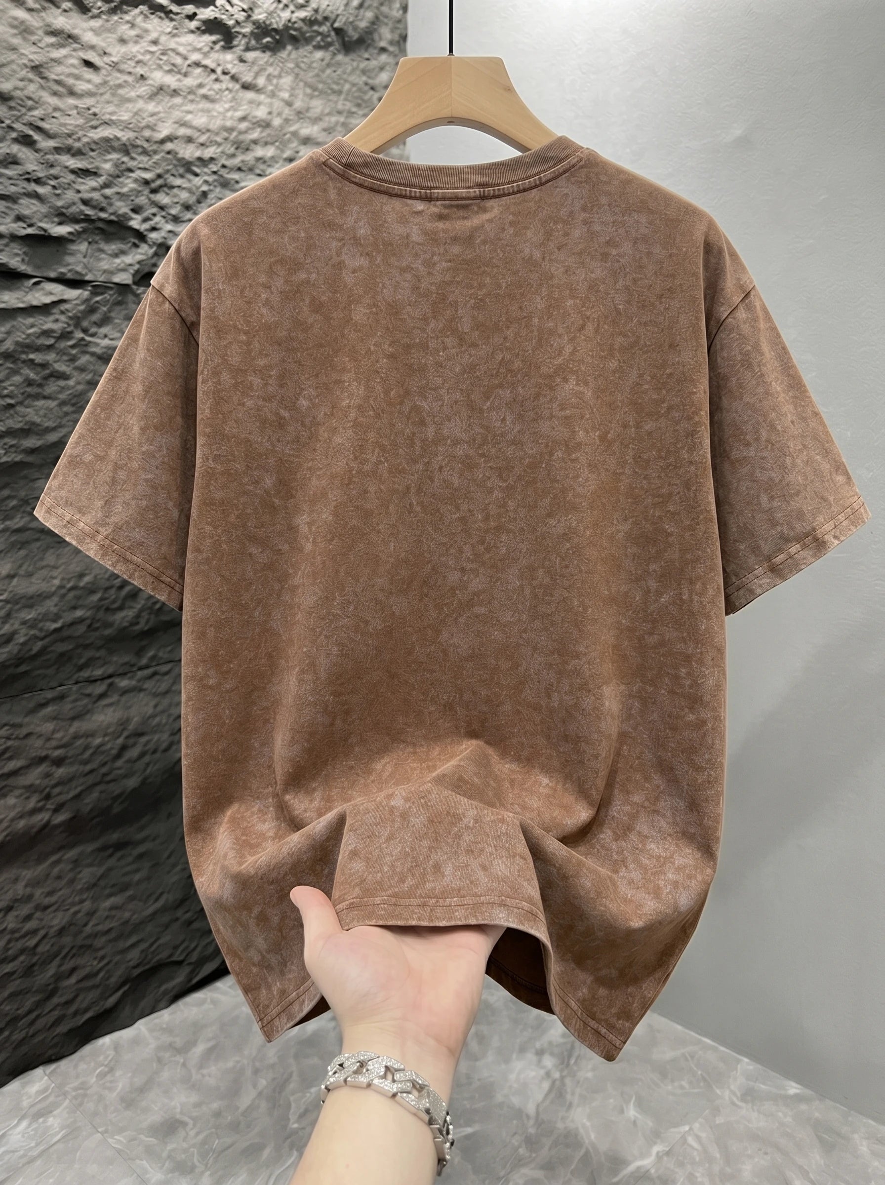 Brown Mineral washed oversized graphic tee worn, back view