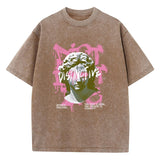 Brown Flat lay of oversized cotton graphic tee showing print and drop-shoulder cut