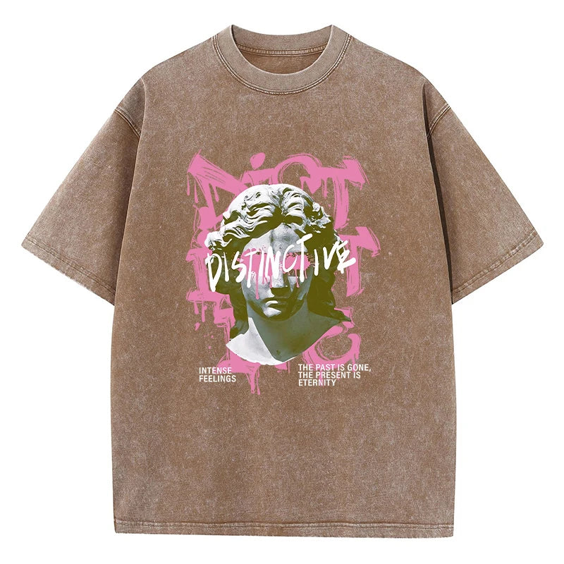 Brown Flat lay of oversized cotton graphic tee showing print and drop-shoulder cut