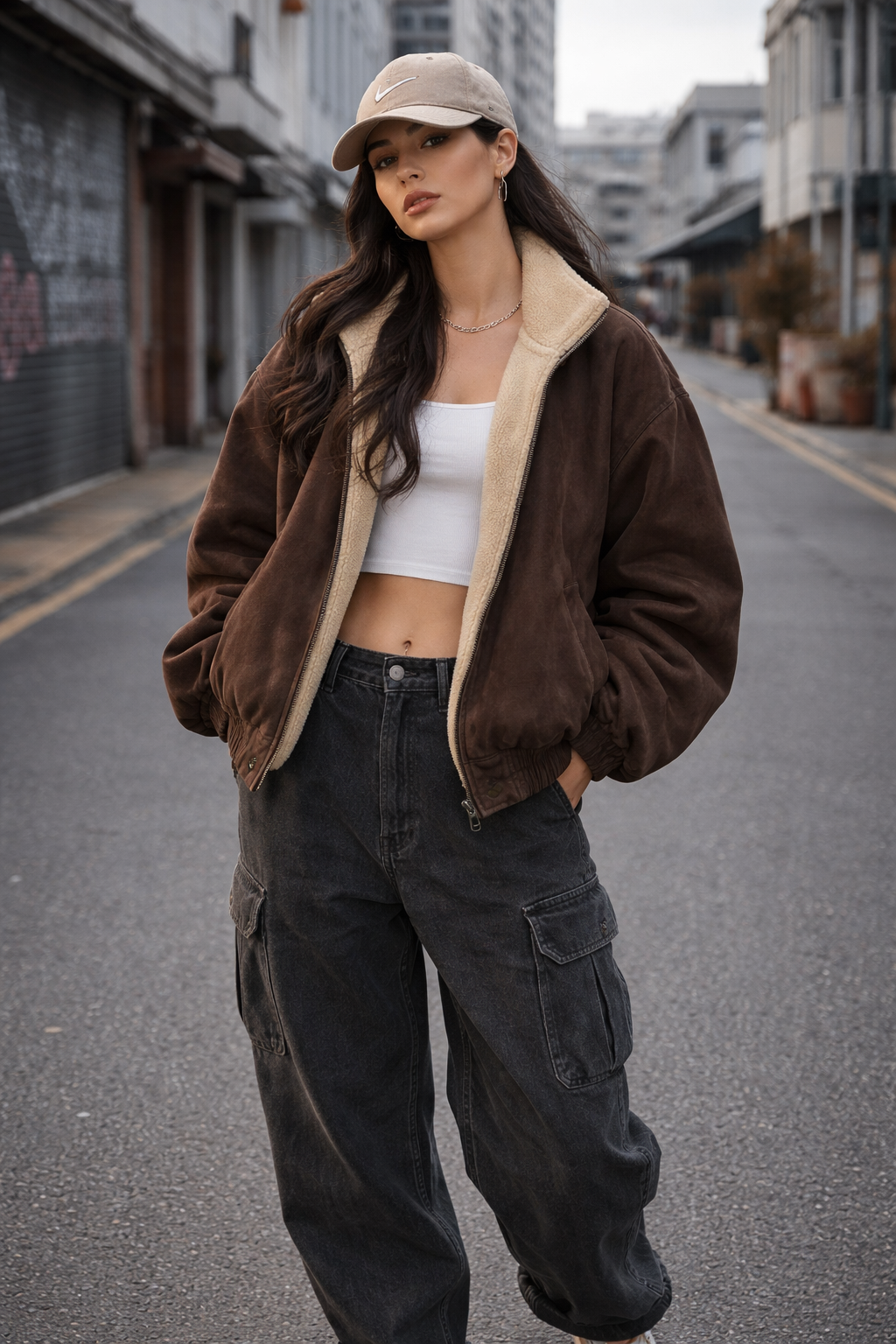 Woman wearing a brown jacket, white top, and black pants on an urban street.