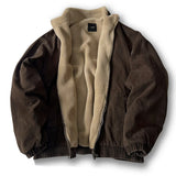 Brown jacket with beige fleece lining on a white background