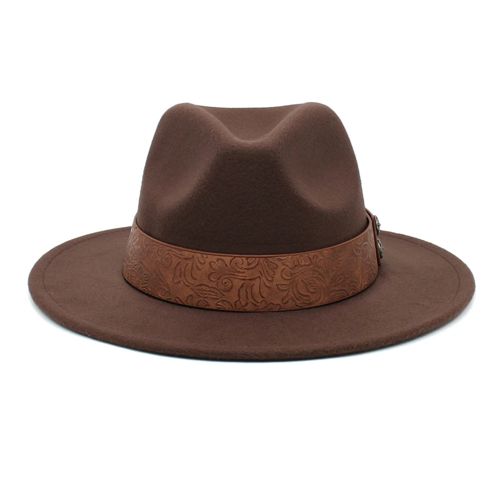 Brown Panama fedora hat front view highlighting felt texture and floral-patterned band