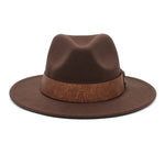 Brown Panama fedora hat front view highlighting felt texture and floral-patterned band