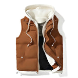 Brown puffer vest with white hood and interior on a white background