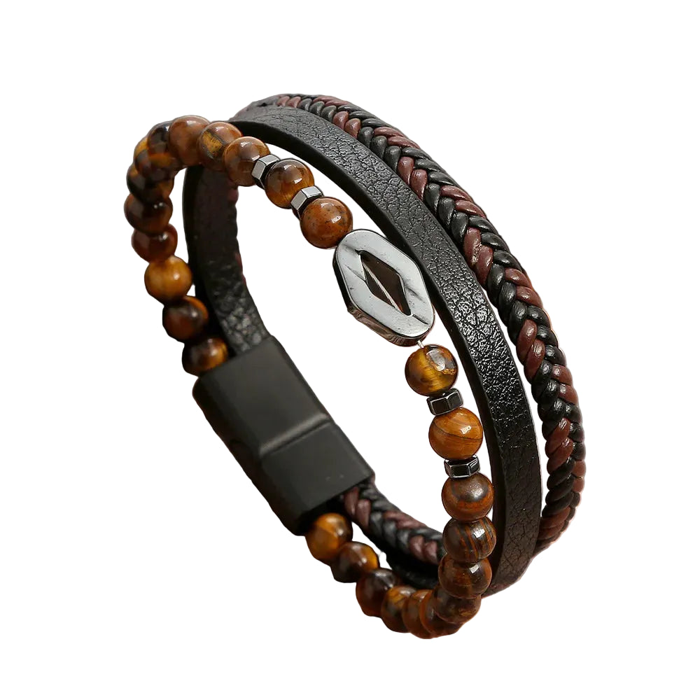 Brown Rhombus Beaded leather layered bracelet, close-up