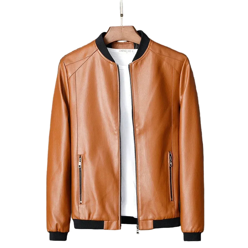 Brown leather jacket on a hanger against a dark background