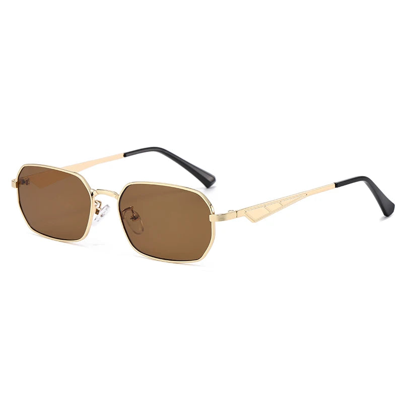 Gold-framed sunglasses with brown lenses on a white background