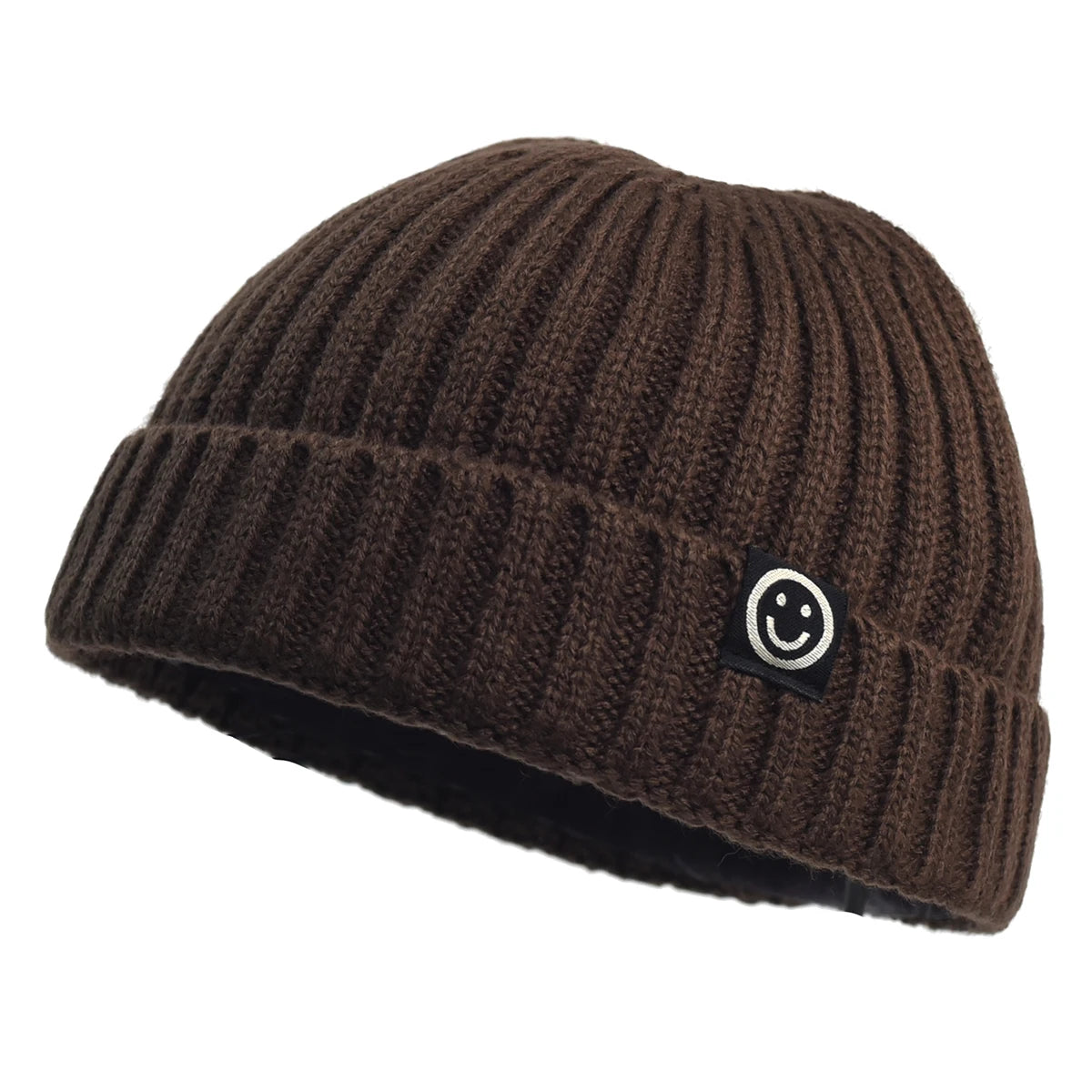 Brown knit beanie with a smiley face patch on a white background