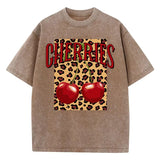 Brown-Xy379 Cherry leopard print graphic tee flat lay, full garment