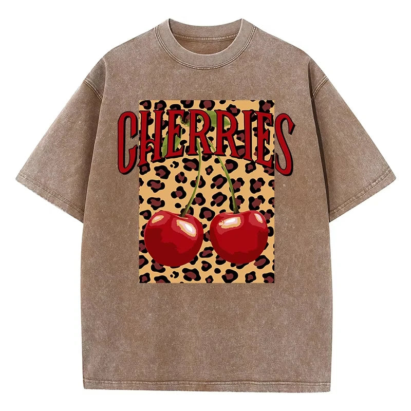 Brown-Xy379 Cherry leopard print graphic tee flat lay, full garment