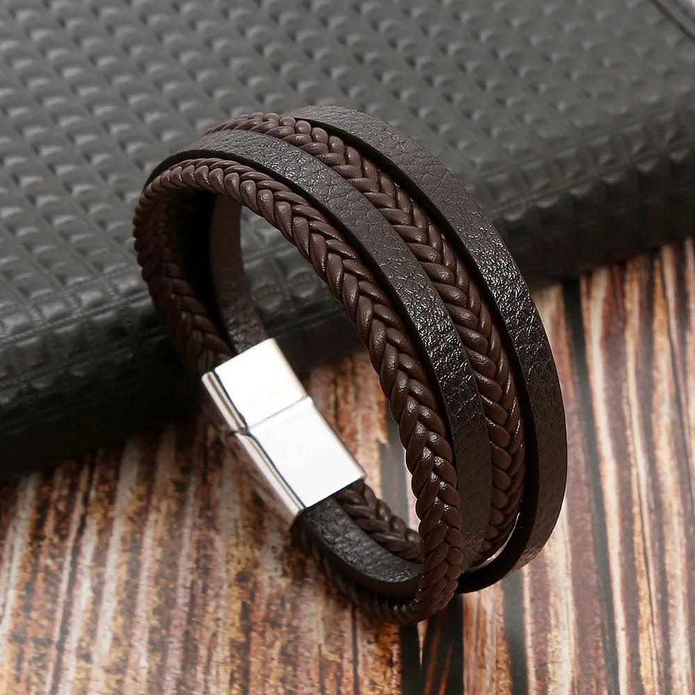 Brownw Beaded leather layered bracelet, second detail view