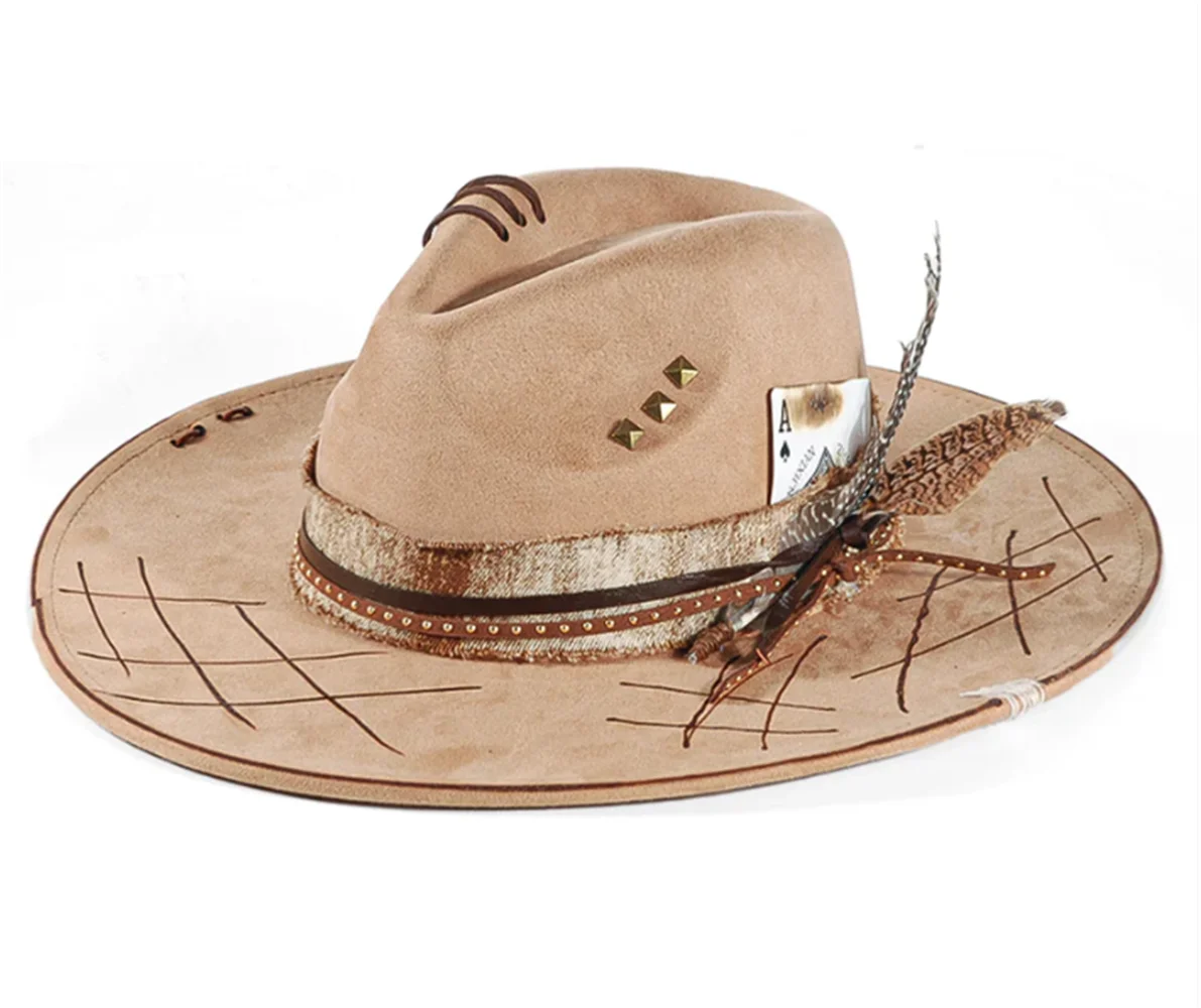 Camel Close-up detail of distressed finish on wide-brim cowboy hat brim