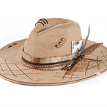 Camel Close-up detail of distressed finish on wide-brim cowboy hat brim