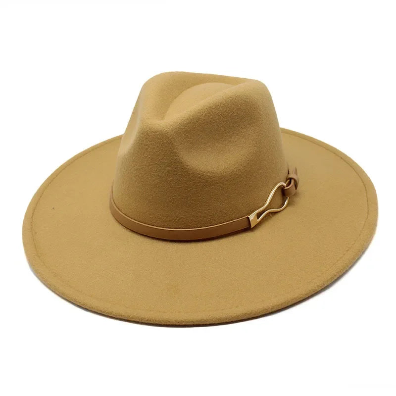 Camel Wide-brim fedora hat worn, back view