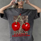 Cherry leopard print cotton tee, back view showing distressed detail