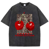 Loose fit cherry and leopard print graphic tee, front view