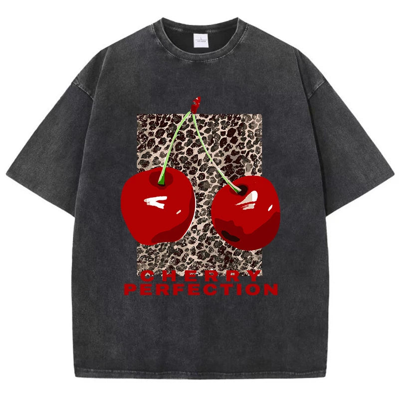 Loose fit cherry and leopard print graphic tee, front view
