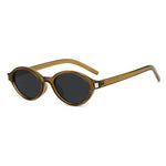 Clear Green Gray Model wearing small oval UV400 sunglasses — lifestyle street shot
