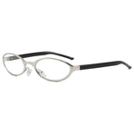 Eyeglasses with a silver frame and black arms on a white background