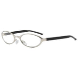 Eyeglasses with a silver frame and black arms on a white background