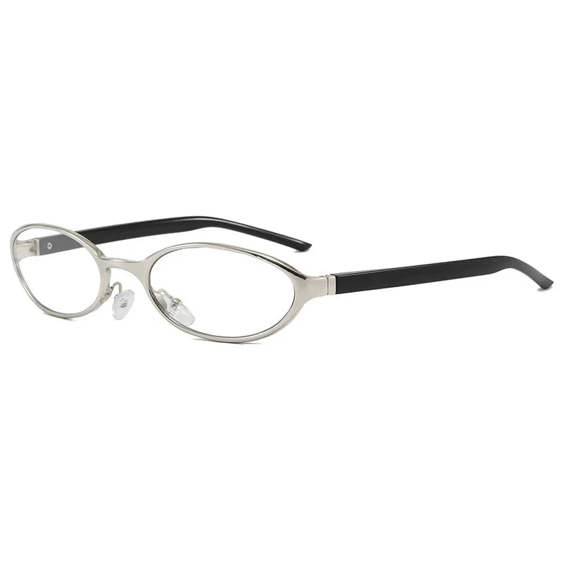 Eyeglasses with a silver frame and black arms on a white background