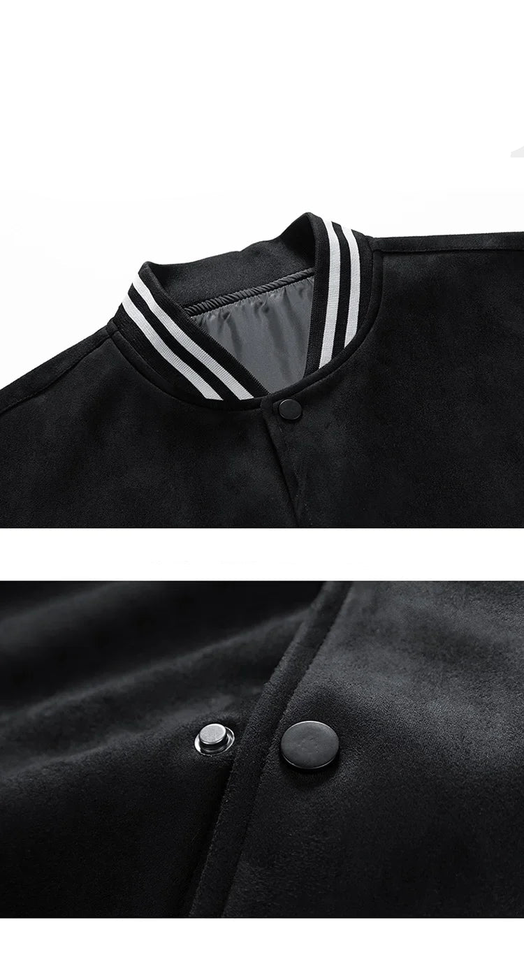 Close-up of a black jacket with white trim and buttons, featuring text on a white background.