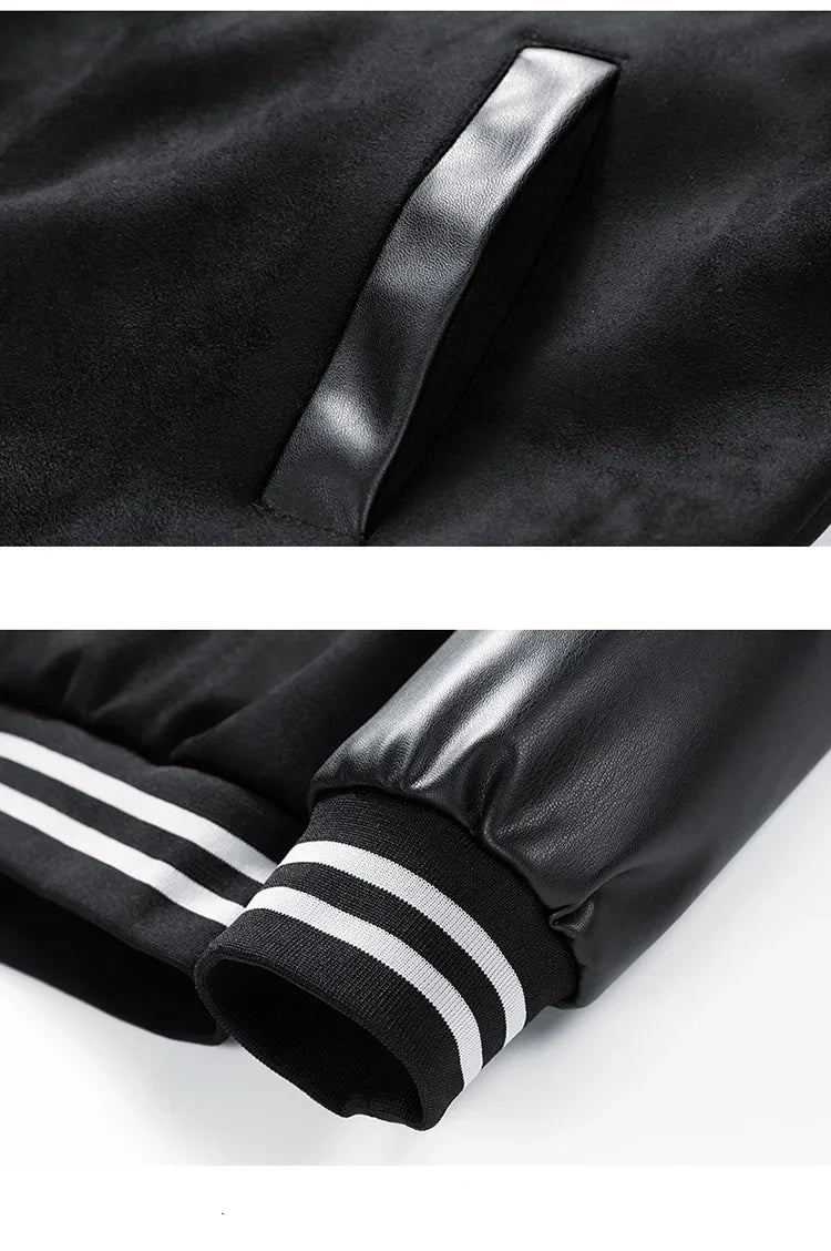 Close-up of a black jacket with a zipper and striped cuffs on a white background.