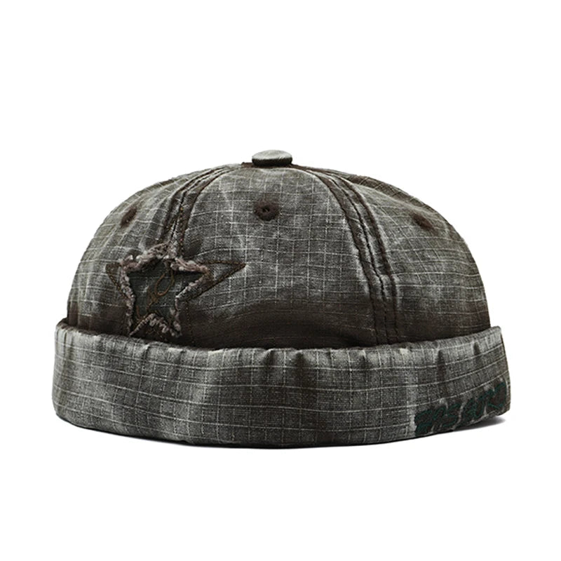 Coffee Distressed star brimless hat, flat lay