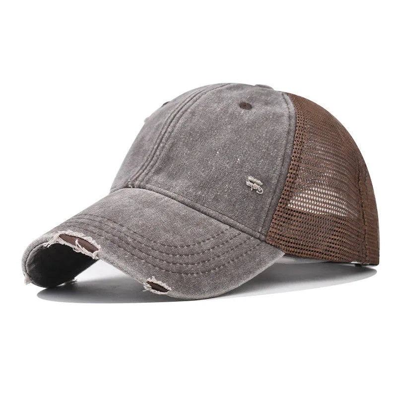 Coffee Distressed vintage wash trucker hat, snapback closure detail