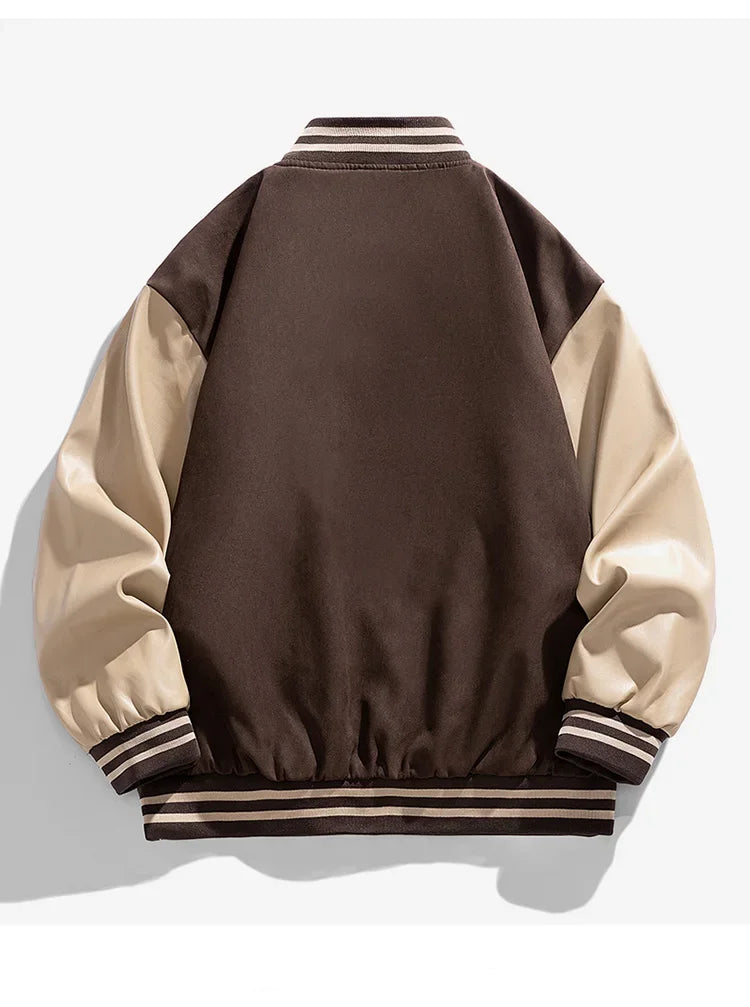 Brown and beige varsity jacket on a white background