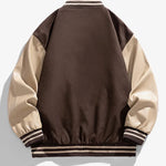 Brown and beige varsity jacket on a white background