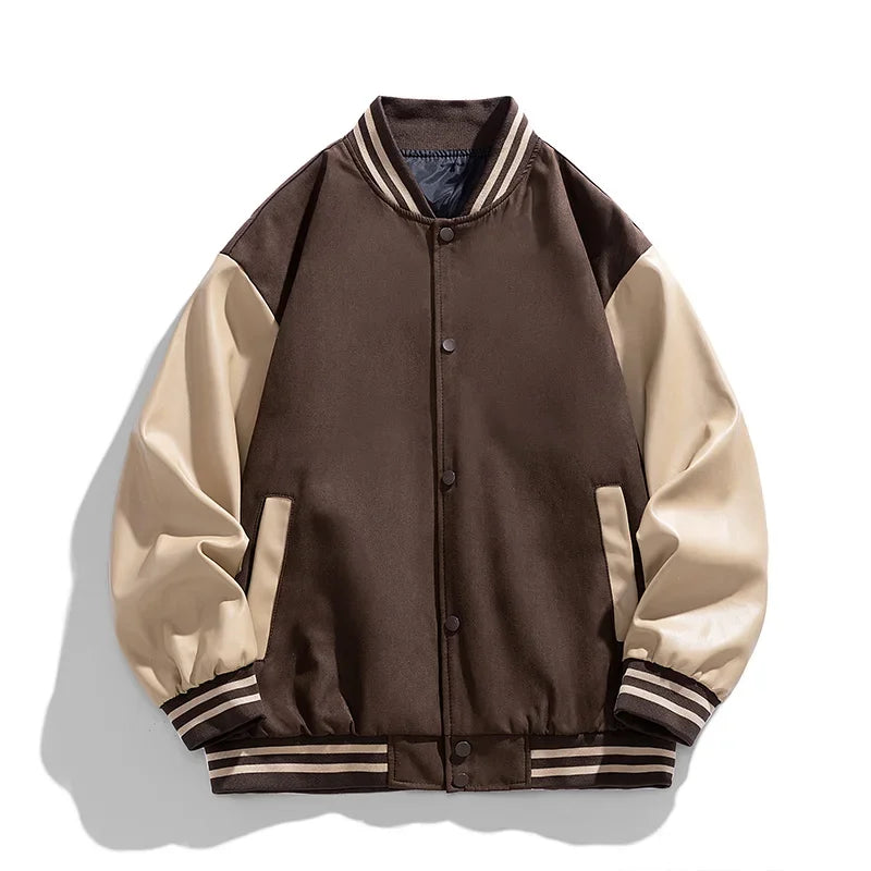 Brown and beige varsity jacket on a white background