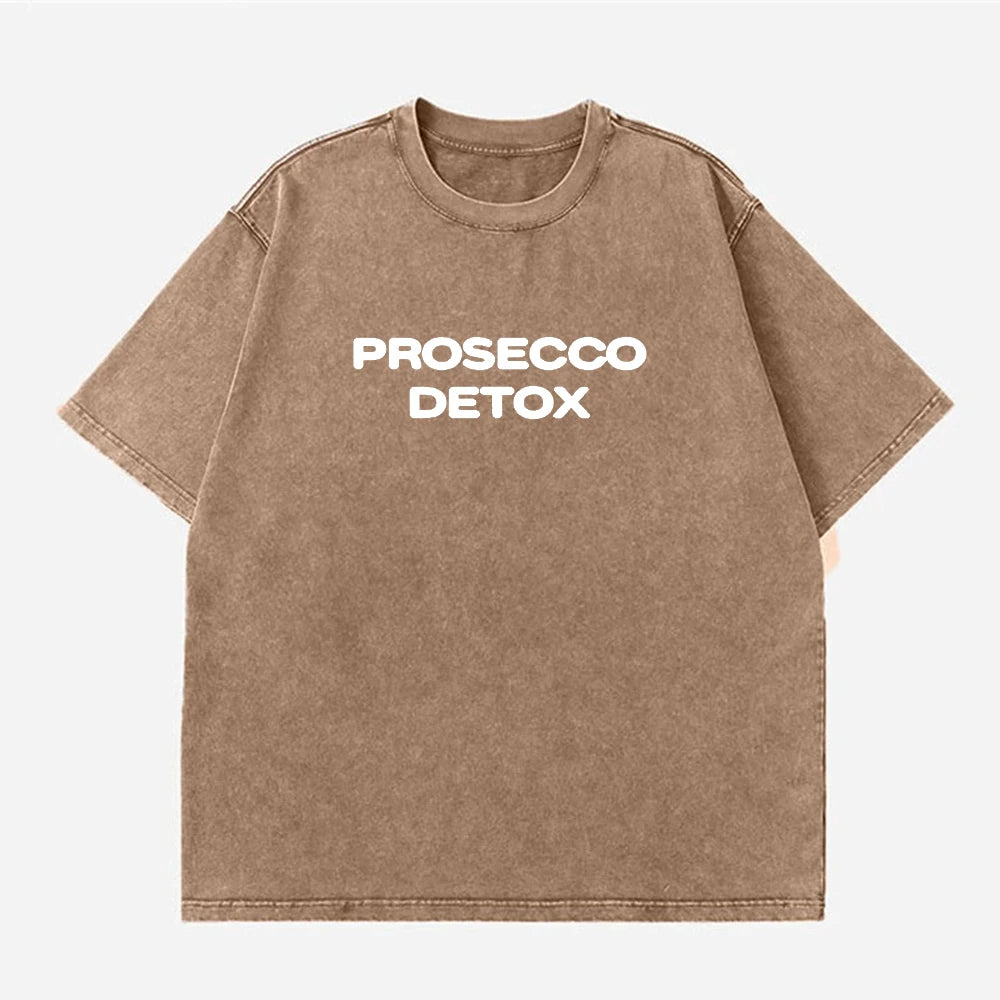 Coffee-White Prosecco Detox graphic tee — rose red colourway flat lay