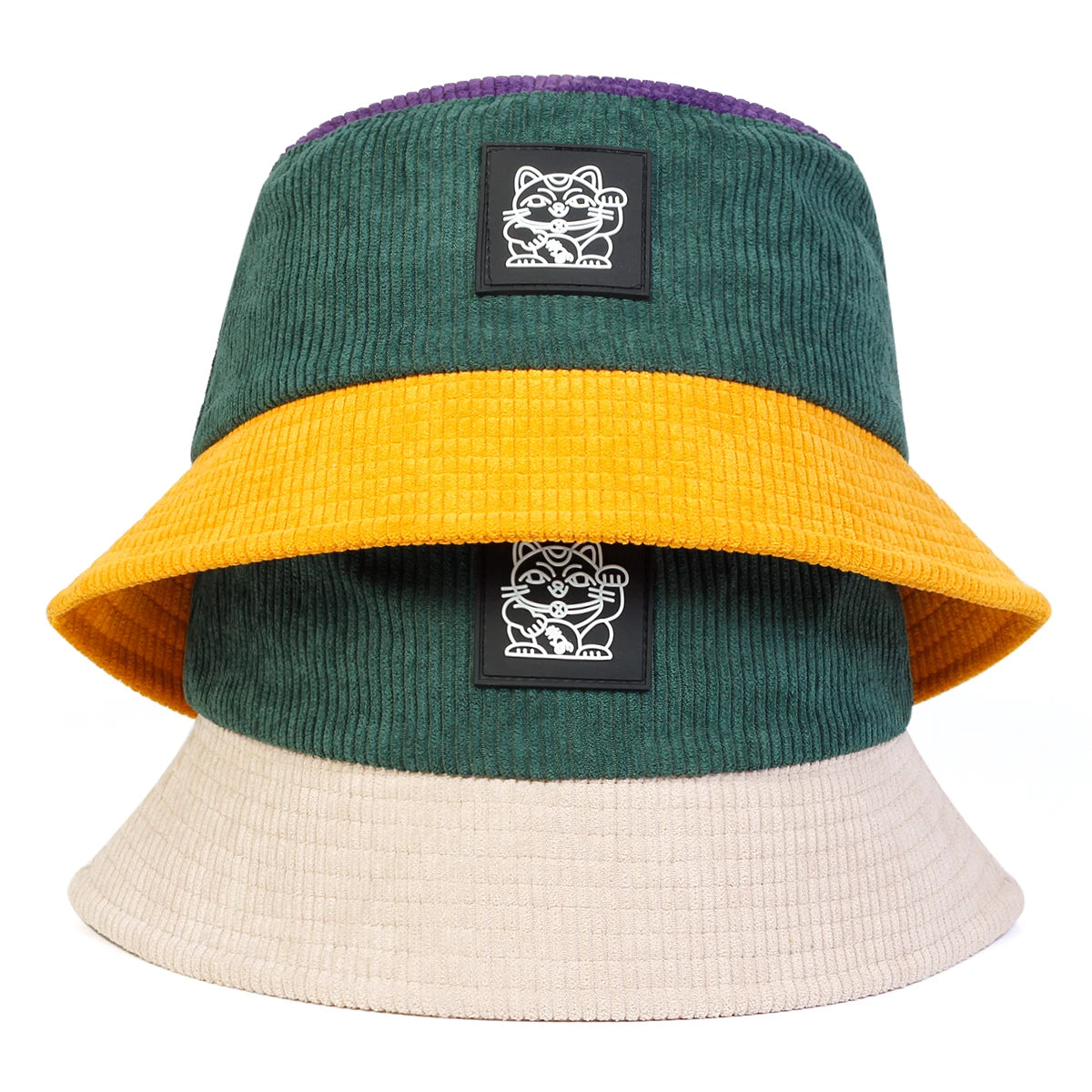 Color-blocked bucket hat with cat logo on a white background