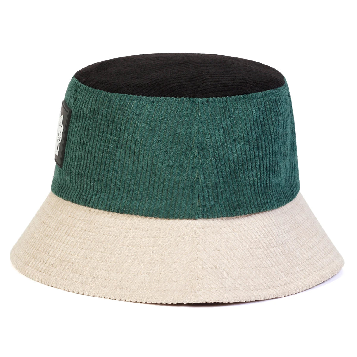 Two-toned bucket hat with green top and beige bottom on a white background