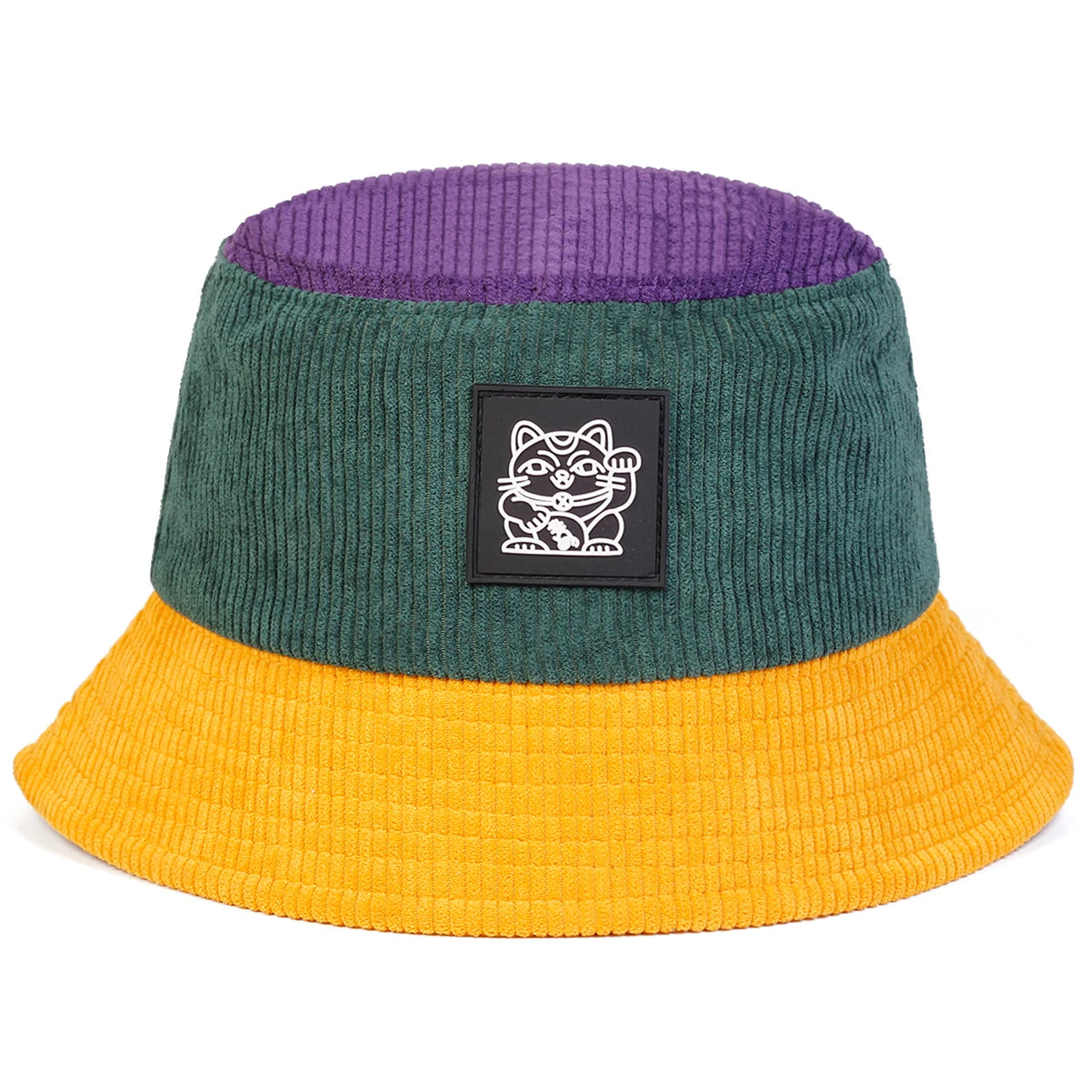 Bucket hat with green top and yellow bottom on a white background