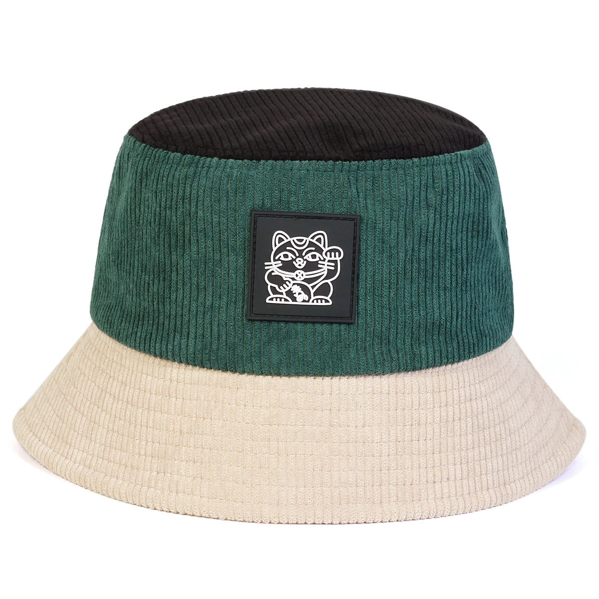Two-toned bucket hat with green top and beige bottom, featuring a logo on a white background.