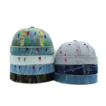 Colorful denim docker cap, front view