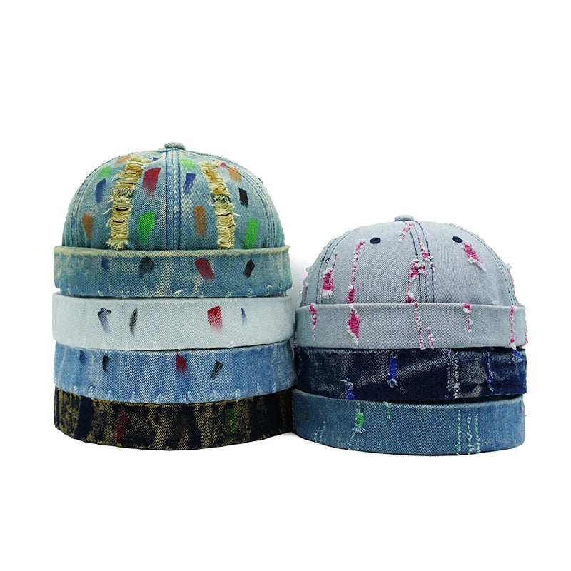 Colorful denim docker cap, front view