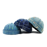 Colorful denim docker cap, side profile