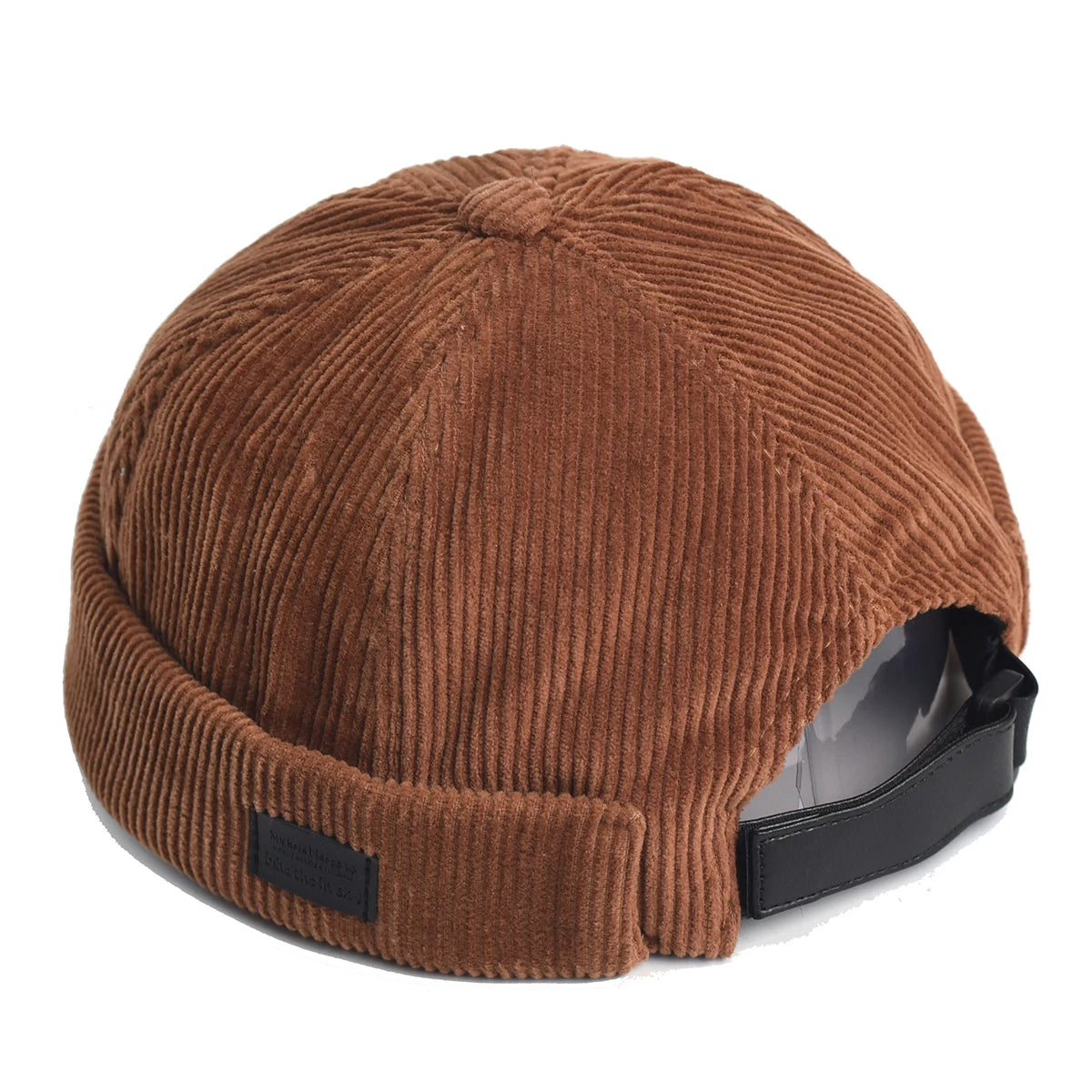 Coral Red Corduroy brimless skullcap worn, angled view