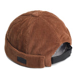 Coral Red Corduroy brimless skullcap worn, angled view
