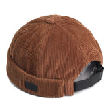 Coral Red Corduroy brimless skullcap worn, angled view