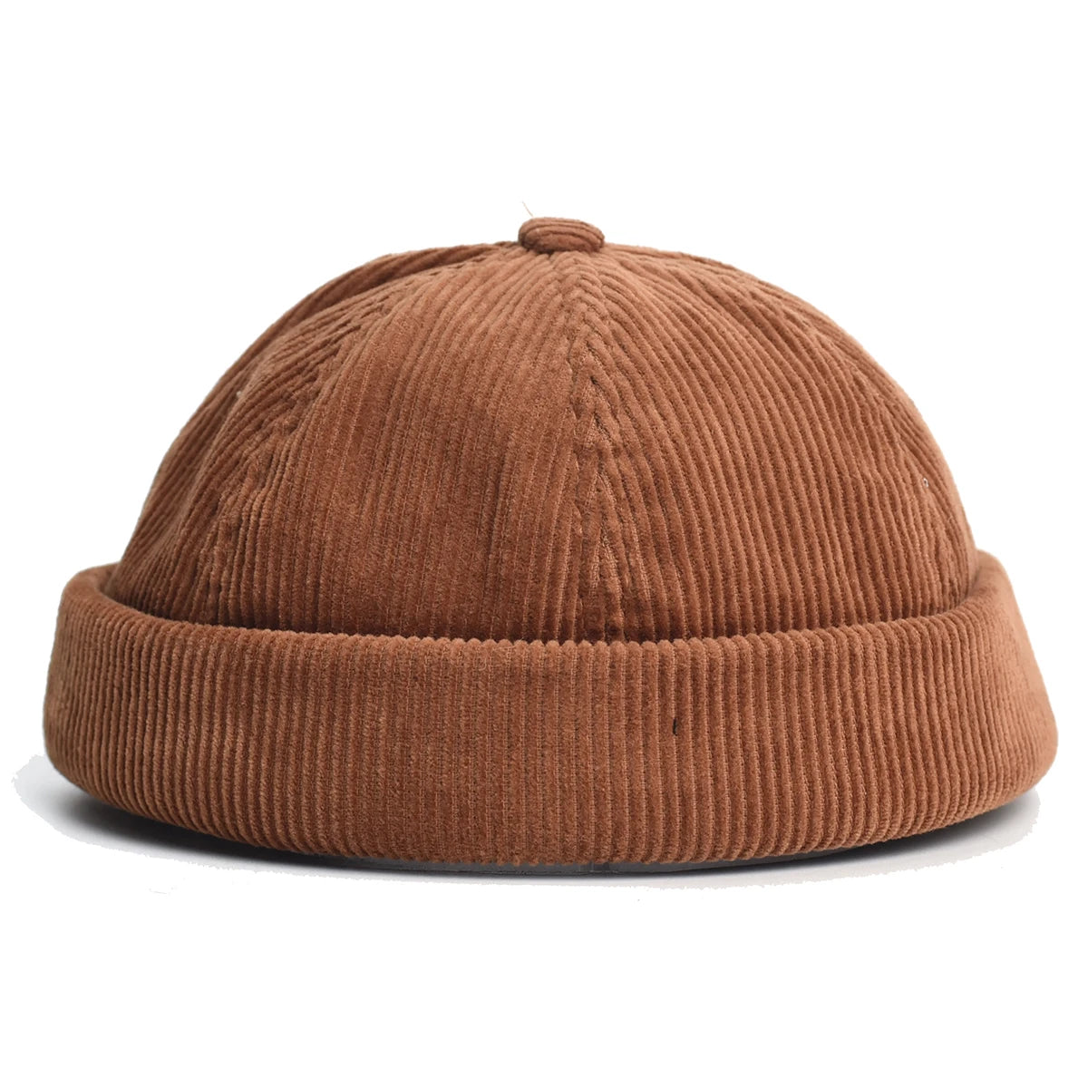 Corduroy brimless skullcap worn, front view