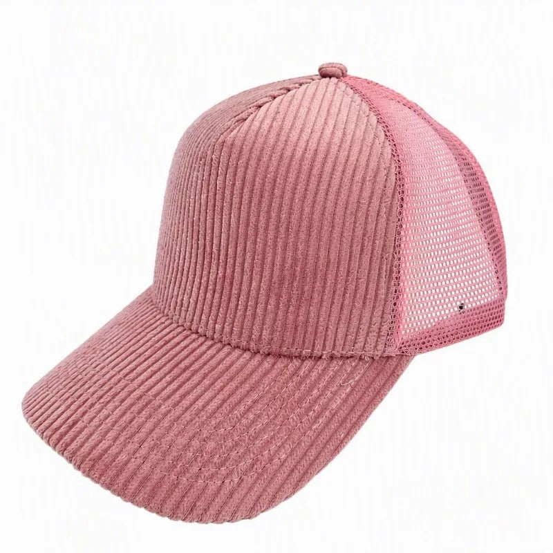 Corduroy trucker hat with mesh back, angled view